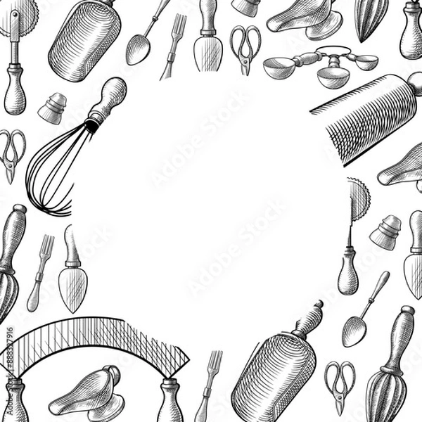 Fototapeta Vector border circular frame of vintage kitchen utensils in a sketch, line, engraving style