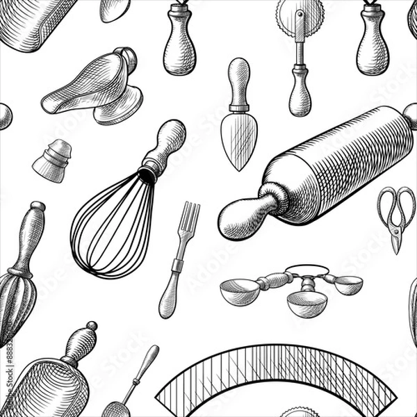 Fototapeta Vector seamless pattern of vintage kitchen utensils in a sketch, line, engraving style