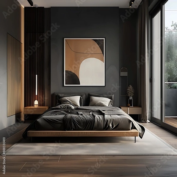 Fototapeta Beautiful Colored Mockup Bedroom Interior with Blank Poster Decoration Art Background Image generative AI