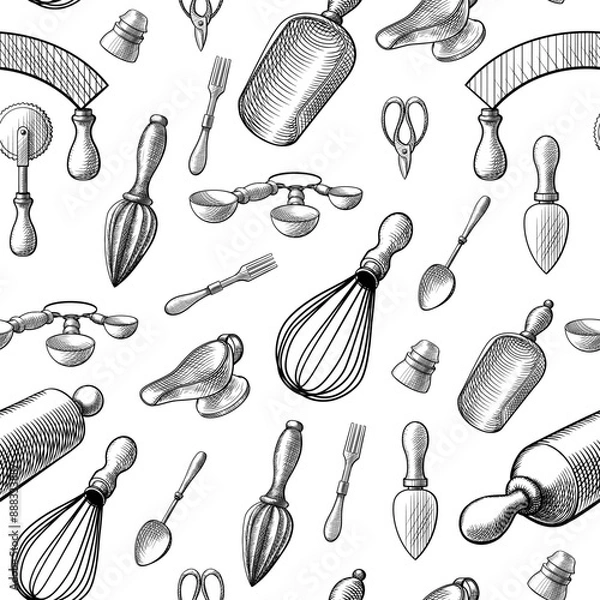 Fototapeta Vector seamless pattern of vintage kitchen utensils in a sketch, line, engraving style