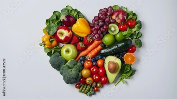 Fototapeta Fruits and vegetables concept, Fruits and vegetables in heart shape on white background.