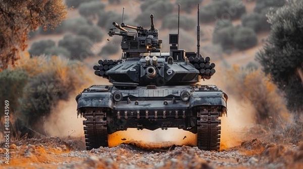 Fototapeta Intense aerial chase  military drone in pursuit of tank from above in a thrilling hunt