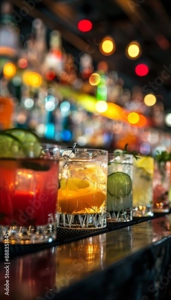 Fototapeta Line of alcoholic cocktails in a nightclub bar counter, colorful party drinks. Bar menu concept