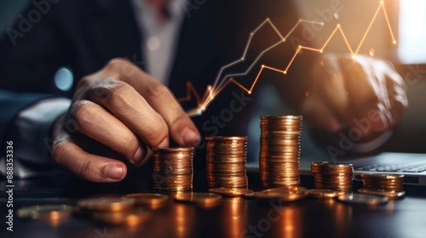 Fototapeta The hand stacking coins