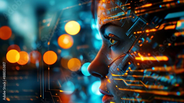 Fototapeta Futuristic AI Concept: A Close-Up of a Female Cyborg with Integrated Circuitry and Neon Lights, High-Tech Interface, Digital Innovation, Artificial Intelligence Visualization, Technology and Human Int