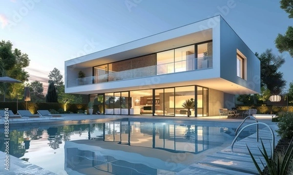 Fototapeta Modern house with pool, surrounded by trees, and contemporary design elements.