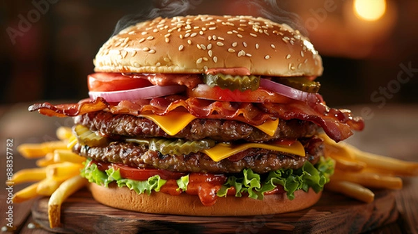 Fototapeta Layered burger with crispy bacon and fries, perfect for diner promotions, fast food promotions, food reviews, culinary blogs, delivery services. Savory cheeseburger with crispy glazed bacon