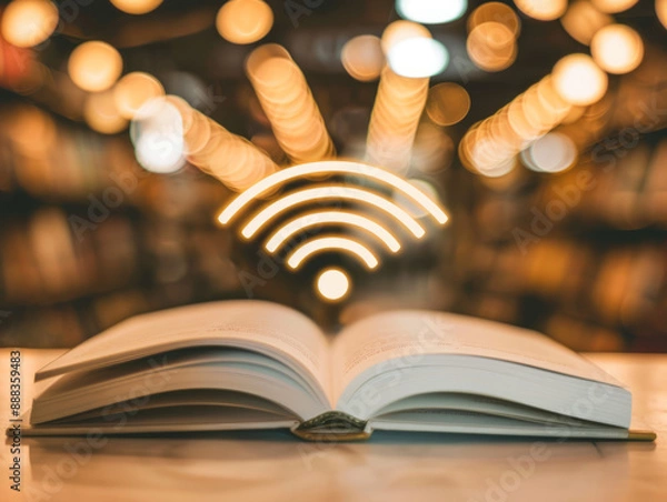 Obraz An open book with a Wi-Fi signal radiating from the pages, representing online education