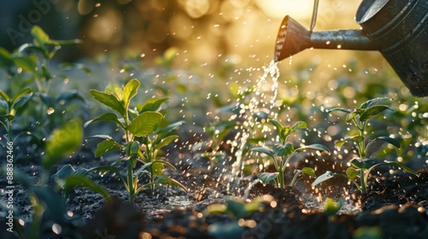 Obraz Minimalist shot of a watering can watering young plants, focus on the water droplets
