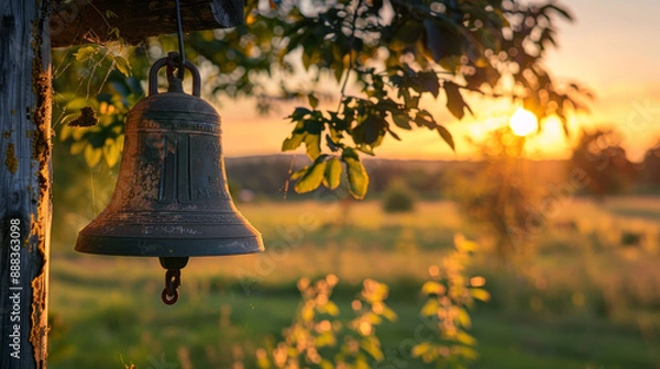 Obraz Close-up of an old farm bell with a soft focus farm landscape in the background