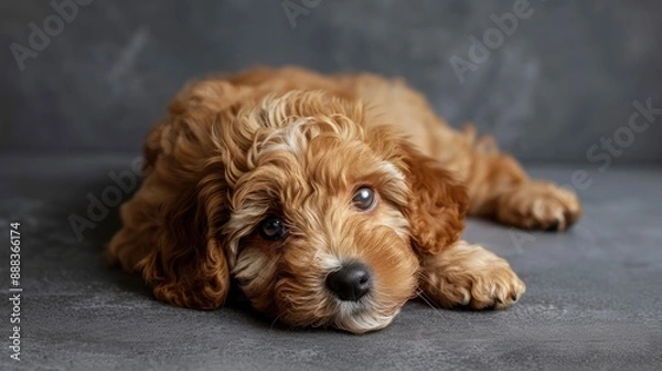 Fototapeta Puppy photographed in studio against gray backdrop