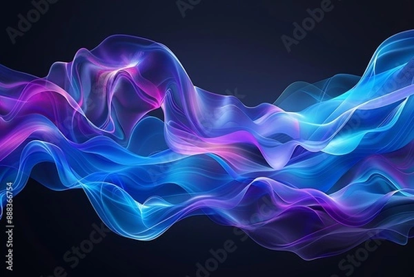 Fototapeta Abstract digital art with vibrant blue and purple waves on a black background, designed for presentation banners.