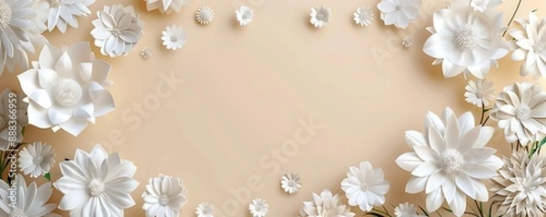 Fototapeta 3D paper art of white flowers on beige background, with copy space, top view. Clean look.