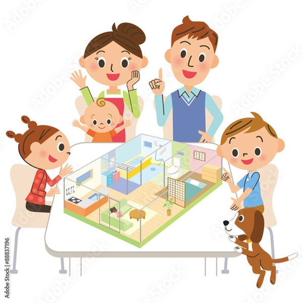 Fototapeta マイホームの模型を見る親子