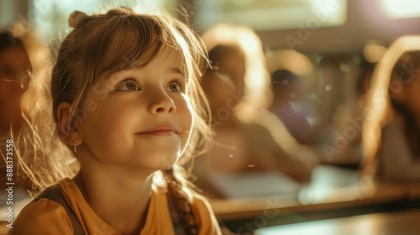 Obraz In her classroom, a primary school girl wears a joyful smile, expressing her happiness.