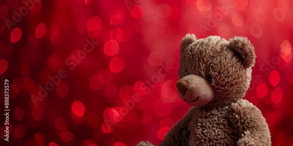 Obraz Deep red banner with a teddy bear on the side with space for copy space.
