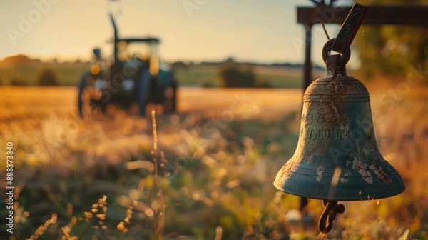 Obraz Close-up of an old farm bell with a soft focus farm landscape in the background