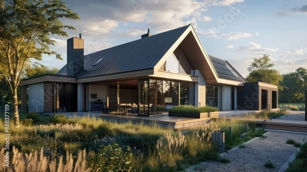 Fototapeta modern suburban farmhouse with an integrated workshop, showing a sleek design that contrasts with the traditional farmhouse aesthetic