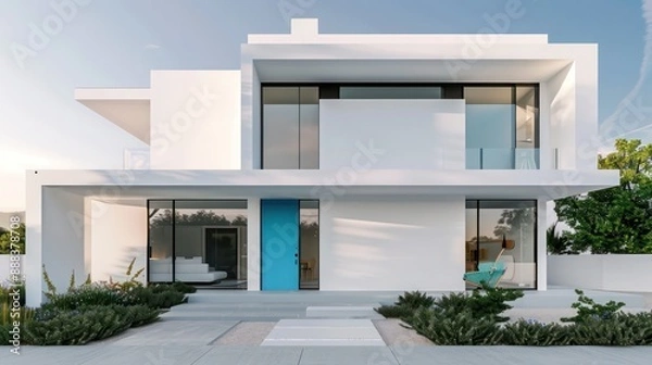 Fototapeta modern suburban farmhouse with a minimalist exterior, clean lines, and an all-white fa? section ade, complemented by a vibrant blue front door