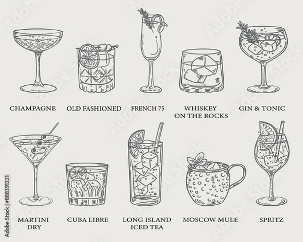Fototapeta Beautiful hand drawn collection of drinks and cocktails - vector illustration