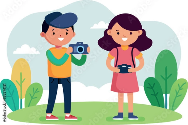 Fototapeta Kids exploring nature with a magnifying glass and camera