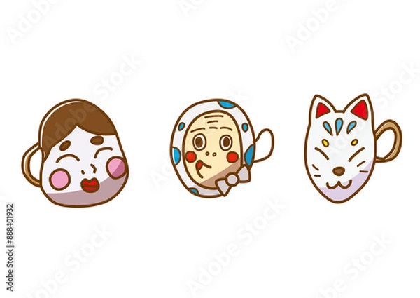 Fototapeta おかめ　ひょっとこ　きつね　お面　手描きpng