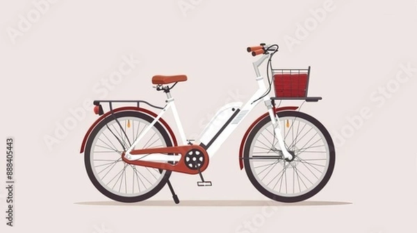 Fototapeta Retro style white and red bicycle with basket on light background. Side view of vintage bike with classic design.