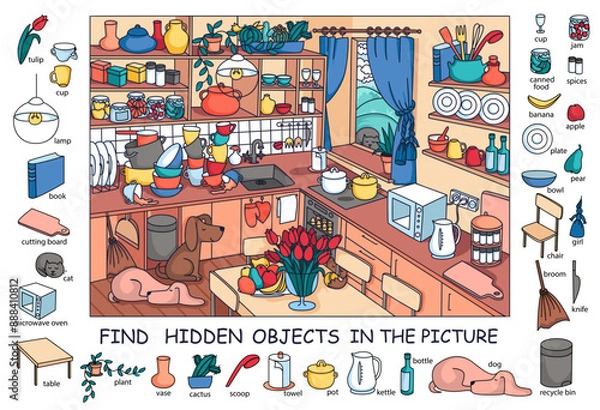 Fototapeta Find hidden objects in the picture. Kitchen interior with furniture and home objects. Cozy family eating room. Linear sketch vector illustration.