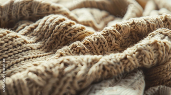 Fototapeta Warm, soft brown knitted fabric captured in close-up, showcasing the intricate details of its warm, comforting texture.