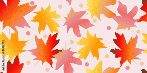 Fototapeta Colorful autumn seamless pattern with gradient maple leaves, dots on white background. Vector hand drawn multicolored illustration for business, wallpaper, wrapping, textile, banner. Editable stroke	