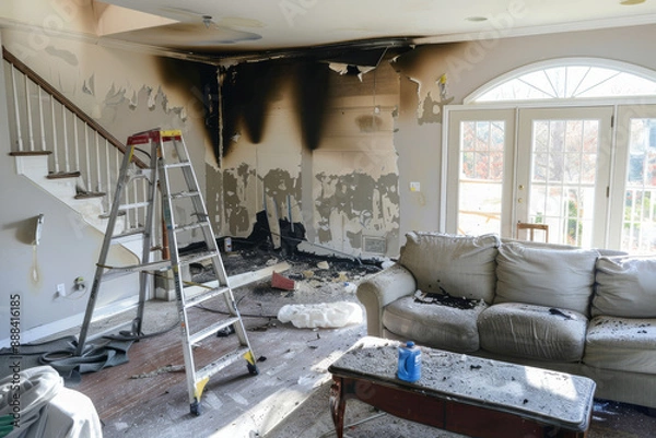 Obraz A living room with significant fire damage, walls and ceiling charred, littered with debris. A ladder and couch remain amidst the soot and ashes.