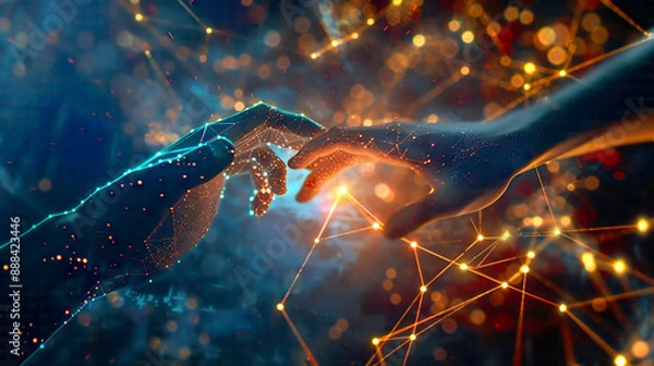 Obraz High-tech depiction of AI and machine learning, highlighting the hands of a robot and human touching on a big data network connection background