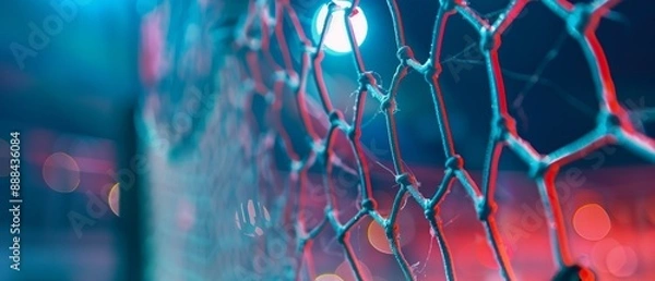 Fototapeta Shot of handball goal net with blurred bokeh lights in the background, illuminated in vibrant blue and red hue. Sports betting banner