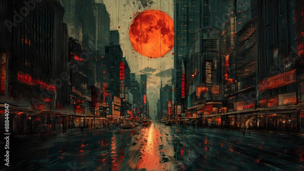 Fototapeta Graphic Design illustration, set in a urban city sunsetting, in the style of adult graphic novel