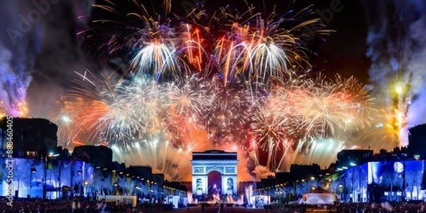 Obraz Fireworks illuminate the Arc de Triomphe during the Paris Olympic Games opening ceremony, capturing the vibrant celebration and excitement of the event.