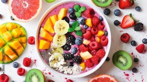 Fototapeta Top view of a vibrant smoothie bowl with pumpkin puree, non-dairy milk, and a sprinkle of protein powder, arranged artfully with fresh fruits and nuts