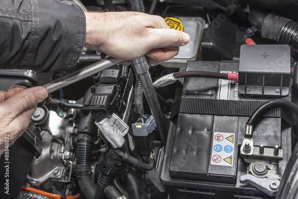 Fototapeta Mani che serrano la batteria nel motore di un'automobile con una chiave