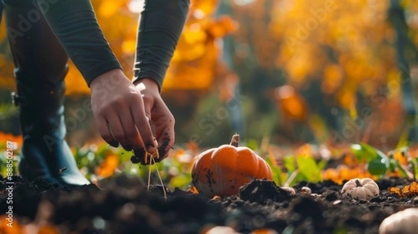Fototapeta pumpkin seeds in a garden surrounded by trees with autumn colored leaves generative ai