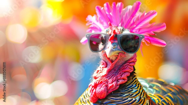 Fototapeta Vibrant and Playful Turkey Bird Character Dressed in Colorful Fashion and Sunglasses Posed Against a Random and Digital Background