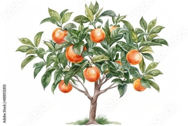 Fototapeta A medlar tree visualized with unique watercolor fruits isolate on white background