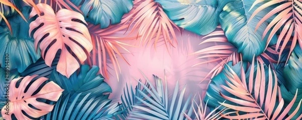 Obraz tropical leaves flat design texture top view tropical garden theme animation colored pastel
