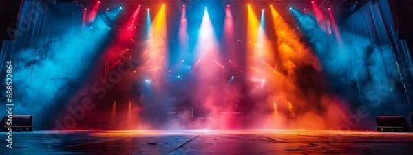 Fototapeta  Banner background of an empty stage with colorful spotlights and copy space 