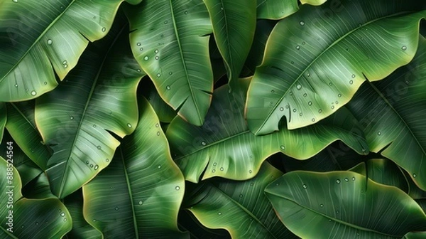 Fototapeta Banana leaves with dew drops, closeup, flat design, top view, tropical morning, 3D render, Splitcomplementary color scheme, copy space for text