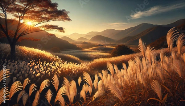 Obraz 美しいすすきと夕日の風景