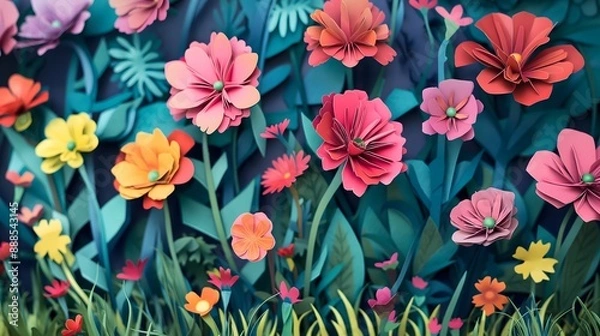Fototapeta 9. "A vibrant paper cut background of a field of blooming flowers with layered petals and greenery