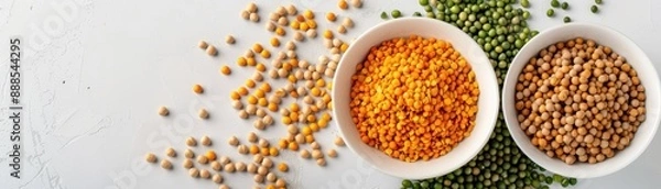 Fototapeta Top view of mixed grains and lentils in two white bowls on a light background. Healthy food and diet concept with colorful legumes.