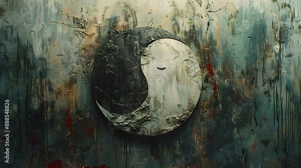 Fototapeta A serene backdrop with a yin yang symbol composed of natural elements, including leaves and waves.