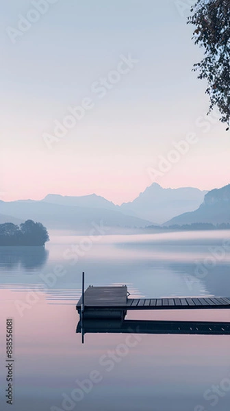Fototapeta Serenity at Dawn: Tranquil Lakeside Reflections with Misty Mountains and a Soothing Wooden Dock
