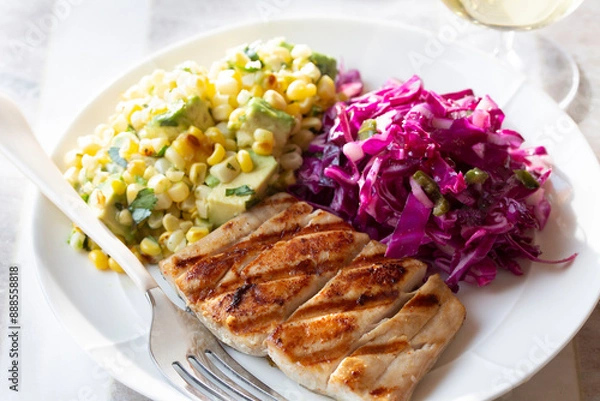 Obraz GRILLED MAHI-MAHI STEAKS WITH SUMMER CORN AND AVOCADO SALSA 