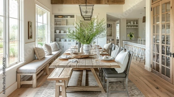 Fototapeta A farmhouse-style dining room with a long wooden table, bench seating, and rustic decor, perfect for casual and comfortable meals.